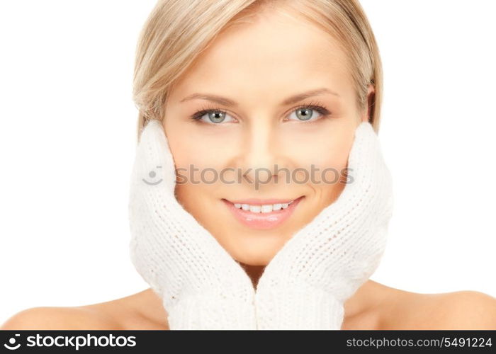 picture of beautiful woman in white mittens&#xA;