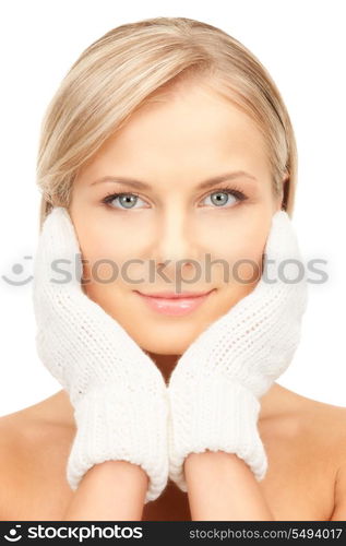 picture of beautiful woman in white mittens&#xA;