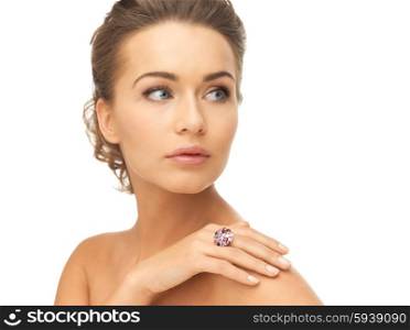 picture of beautiful woman with cocktail ring. woman with one cocktail ring