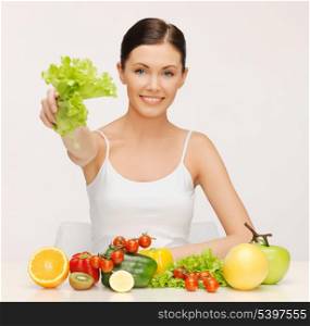 picture of beautiful woman with fruits and vegetables