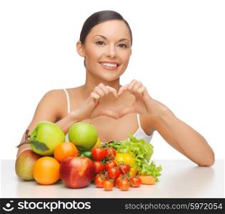 picture of beautiful woman with fruits and vegetables. woman with fruits and vegetables