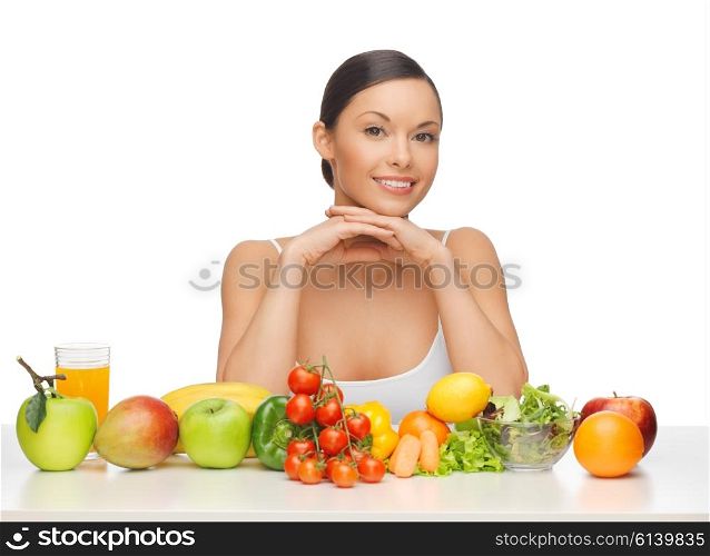 picture of beautiful woman with fruits and vegetables. woman with fruits and vegetables