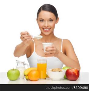 picture of beautiful woman with fruits and yogurt