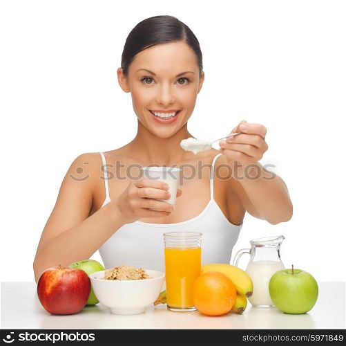 picture of beautiful woman with fruits and yogurt. woman with fruits and yogurt