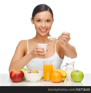 picture of beautiful woman with fruits and yogurt. woman with fruits and yogurt