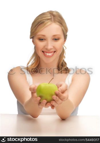 picture of beautiful woman with green apple.