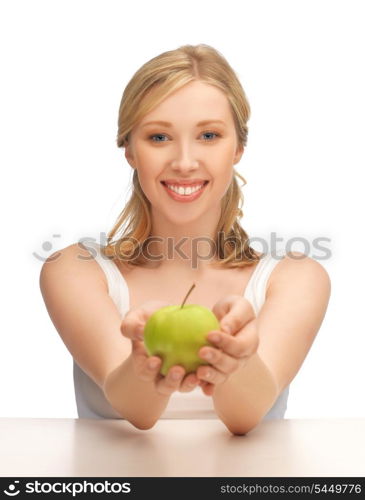 picture of beautiful woman with green apple.