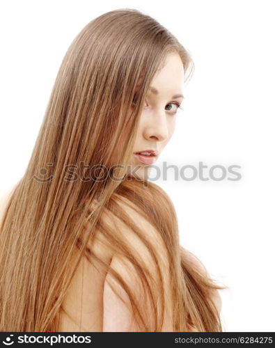 picture of beautiful woman with long hair over white