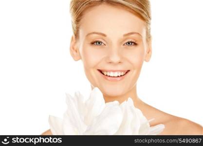 picture of beautiful woman with madonna lily flower