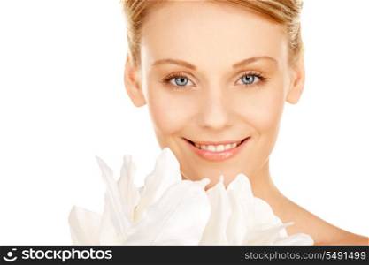 picture of beautiful woman with madonna lily flower