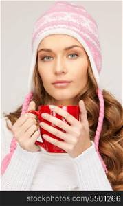 picture of beautiful woman with red mug