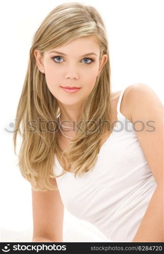 picture of blue-eyed blonde in white cotton underwear
