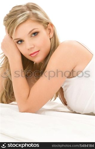 picture of blue-eyed woman in white cotton underwear