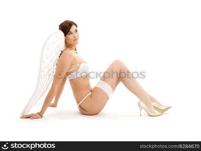 picture of brunette angel girl in white lingerie