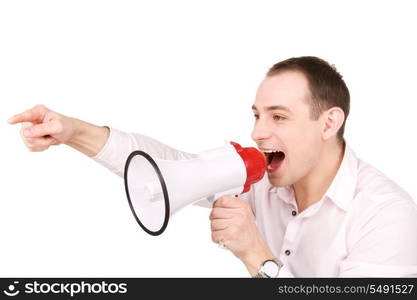 picture of businessman with megaphone over white