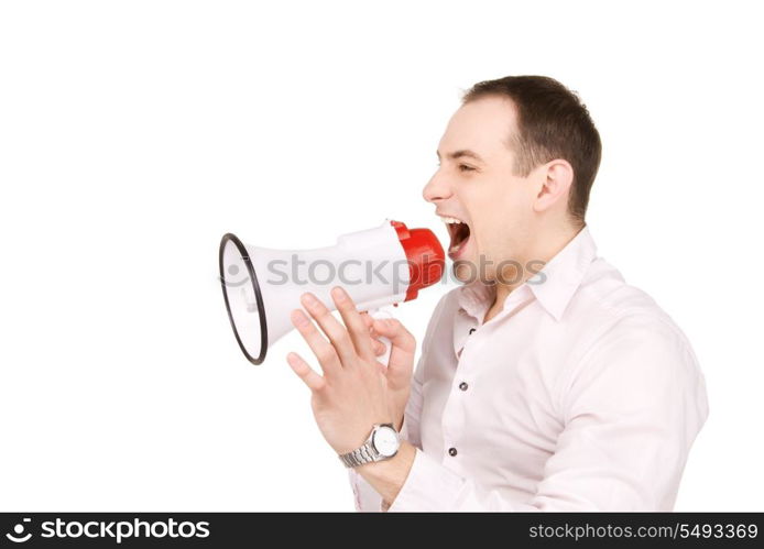 picture of businessman with megaphone over white