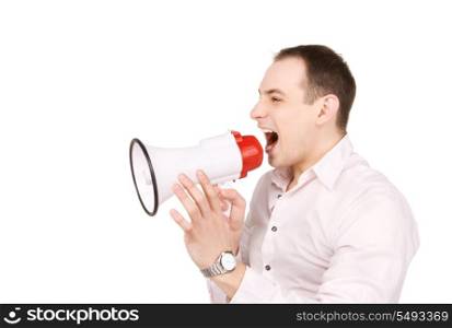 picture of businessman with megaphone over white
