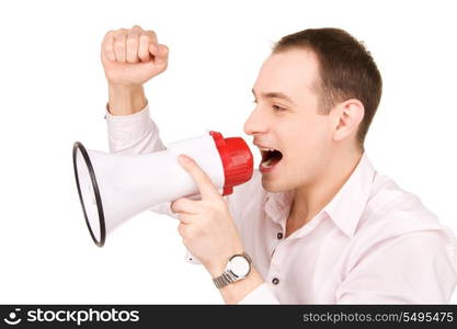 picture of businessman with megaphone over white