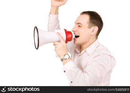 picture of businessman with megaphone over white