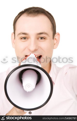 picture of businessman with megaphone over white