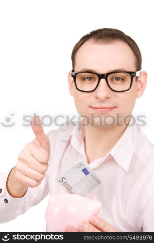 picture of businessman with piggy bank and money