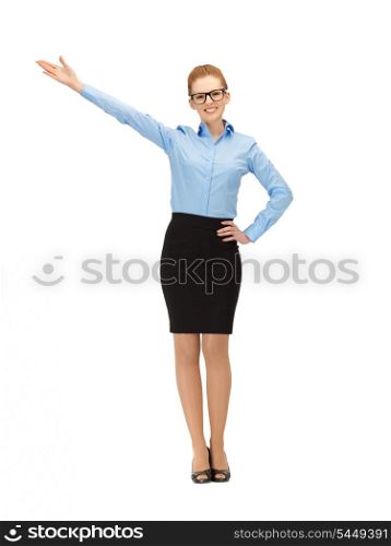 picture of businesswoman in specs pointing her hand