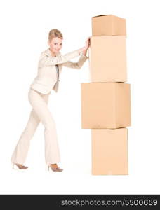 picture of businesswoman with boxes over white