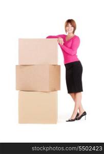 picture of businesswoman with boxes over white