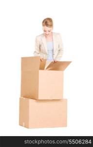 picture of businesswoman with boxes over white