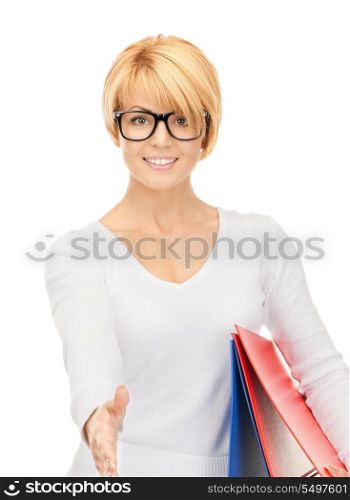 picture of businesswoman with folders ready for handshake&#xA;