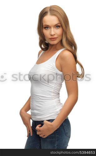 picture of calm and serious woman in blank white t-shirt