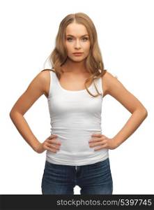 picture of calm and serious woman in blank white t-shirt