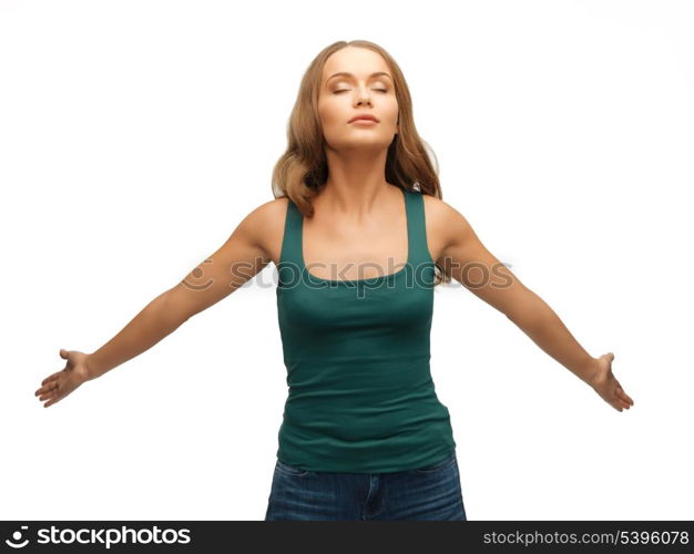 picture of calm and serious woman spreading hands.