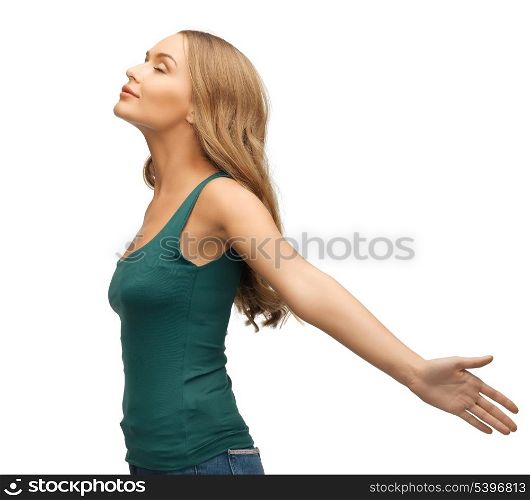 picture of calm and serious woman spreading hands.