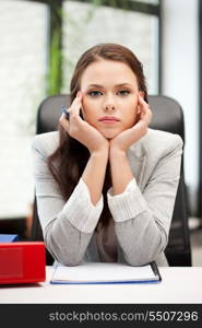 picture of calm woman with big notepad