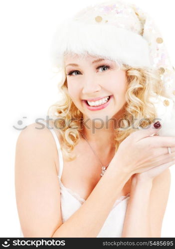 picture of cheerful santa helper girl over white