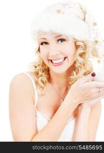 picture of cheerful santa helper girl over white