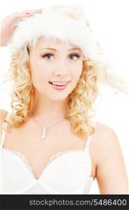 picture of cheerful santa helper girl over white