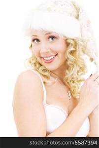 picture of cheerful santa helper girl over white