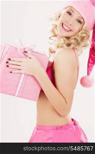 picture of cheerful santa helper girl with gift box