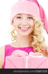 picture of cheerful santa helper girl with gift box