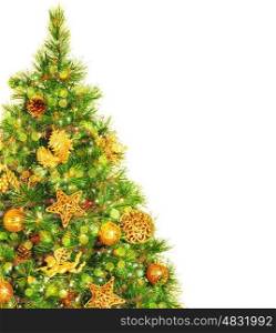 Picture of Christmas tree border, green pine tree decorated with cone, ribbons, golden angels and bauble isolated on white background, copy space, traditional celebration, New Year event, studio shot