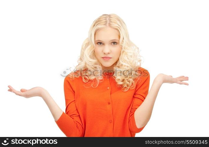 picture of clueless woman shrugging helpless with her shoulders