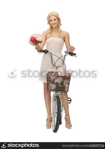 picture of country girl with bicycle and flowers.