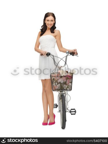 picture of country girl with bicycle and flowers.