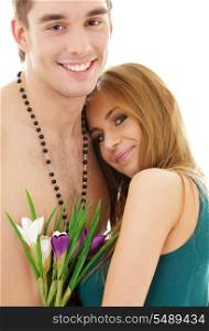 picture of couple in love with flowers (focus on man)