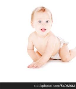 picture of crawling baby boy in diaper over white