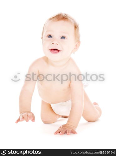 picture of crawling baby boy in diaper over white