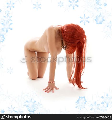 picture of crawling naked redhead over white