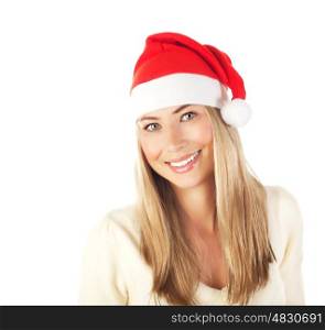 Picture of cute blond girl wearing red Santa Claus hat isolated on white background, Christmas party, new year holidays, closeup portrait of attractive smiling woman, xmas eve, fun and joy concept